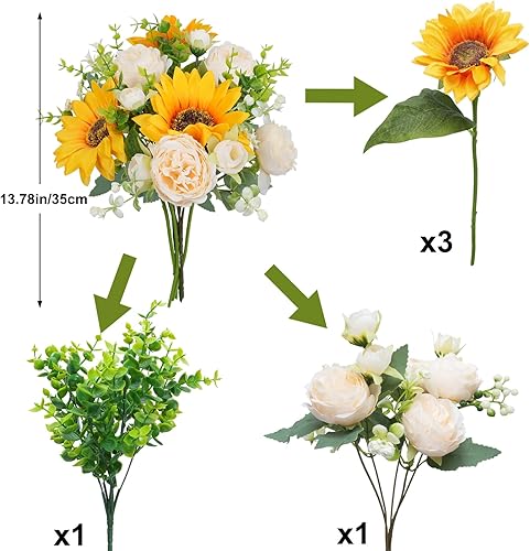 Luabue Fleurs Artificielles Tournesol et Pivoines avec Feuilles D'eucalyptus Bouquet de Fleurs Artificielles Deco Faux Fleurs Décoration pour Maison Table Mariage Fête Décoration - Nail Gallerys