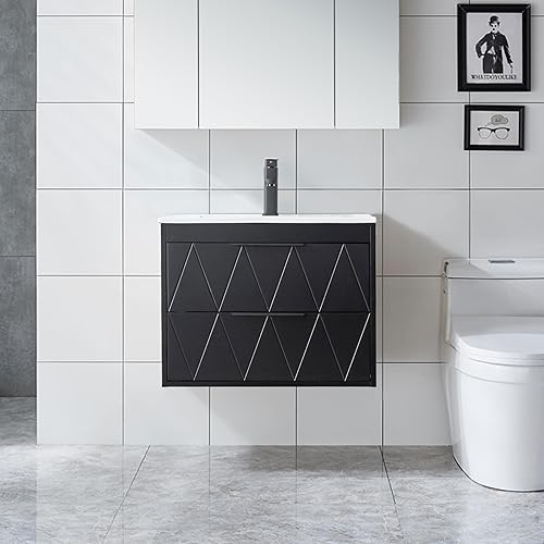 UEV Meuble sous Lavabo Suspendu 60cm, avec 2 Grands Tiroirs, Meuble Salle de Bain, Motif Ligne, Style Scandinave, Noir (Lavabo Non Inclus) - Nail Gallerys
