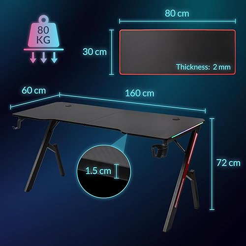 Todeco Bureau Gaming LED 140 x 60cm, Grande Bureau Gamer avec Plateau en Fibre de Carbone, Ergonomique avec Tapis de Souris, Porte-gobelet et Crochet pour Casque - Nail Gallerys