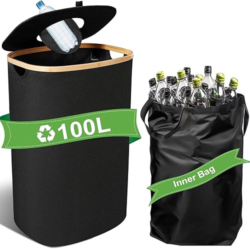 PTHTECHUS Poubelle tri Selectif 100L, Poubelle Cuisine Poubelle Compacteur pour Bouteille Plastique, Avec Couvercle et Sac à Main, Rangement Bouteille Poubelle Recyclage (noir) - Nail Gallerys