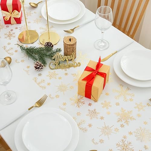 DROMCOM Chemin de table de Noël - Flocons de neige dorés - 10 m x 28 cm - Rouleau en organza - Décoration de table de Noël - Moderne - Décoration de vacances - Lavable - Nail Gallerys