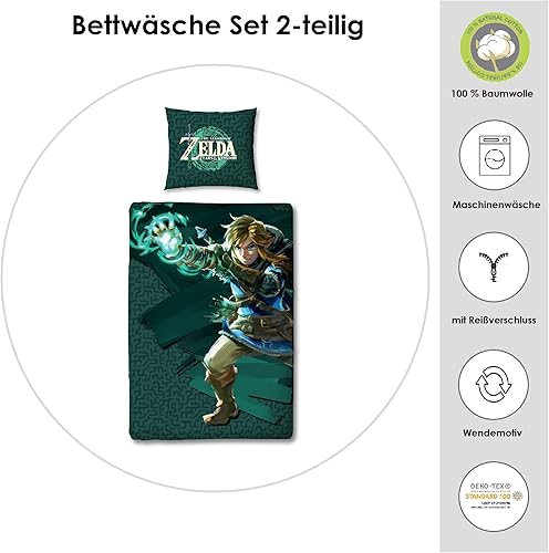 Familando The Legend of Zelda Parure de lit pour enfants et adolescents - Parure de lit pour enfant - Vert - 135 x 200 cm - 80 x 80 cm - 100 % coton - Avec fermeture éclair - Motif Tears of The - Nail Gallerys