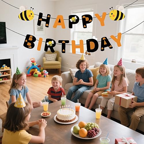 Bannière « Happy Birthday » sur le thème de l'abeille pour femmes et filles – Décorations d'anniversaire noires et oranges avec joli motif d'abeille, panneau de fanions en papier réutilisable pour - Nail Gallerys