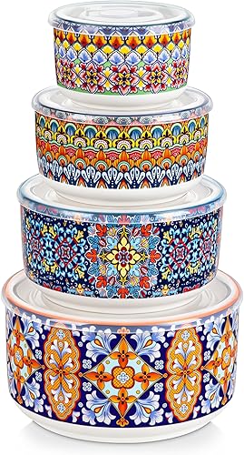 vancasso Lot de 4 Bols avec Couvercle Hermétiques - 300ml/600ml/1080ml/1800ml - Bols en Céramique pour Stockage des Aliments, Passe au Micro-ondes et au Lave-vaisselle, Style Bohème - Nail Gallerys
