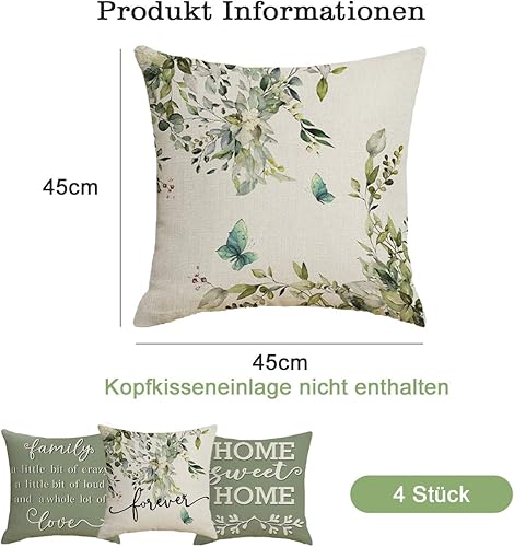 Auriselle Set de 4 Coussins 45x45 cm Housse en Lin, Taie d'oreiller Coussin canapé Décoration Moderne Texte Fleurs Botaniques Papillons Canapé Salon Chambre Fermeture éclair Invisible, Vert - Nail Gallerys