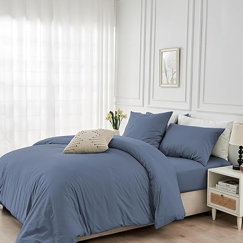 Luowei Parure de lit 135 x 200 cm - En coton bleu tourterelle uni - Housse de couette douce et confortable avec fermeture éclair et 1 taie d'oreiller de 80 x 80 cm - Nail Gallerys