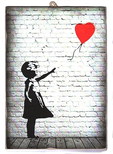 KUSTOM ART Tableau style Vintage Bansky Enfant et ballon Impression sur bois 24 x 18 cm - Nail Gallerys