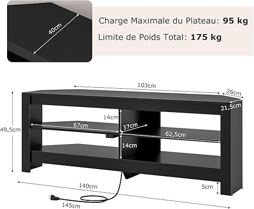 COSTWAY Meuble TV Angle, Meuble Télé avec Prise, 2 Prises, 2 USB, 1 Type-C, Petit Meuble TV pour 65', Meuble TV Bois 3 Niveaux, 4 Etagères Ouvertes (Noir) - Nail Gallerys
