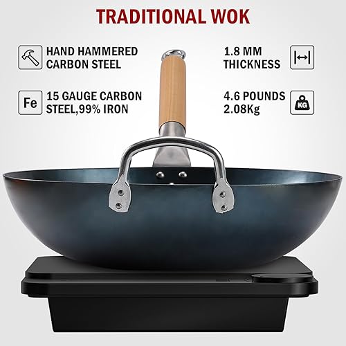 Jobin 34 cm/5,2L Pré-assaisonnée Wok en acier au carbone | Martelage traditionnel à la main sans revêtement chimique | fond plat pour 4-6 Personen pour induction, gaz, toutes cuisinières - Nail Gallerys