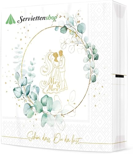 Lot de 20 serviettes de table en forme d'eucalyptus avec couple de mariés - Doré/blanc - Pour mariage, fiançailles, mariage - Décoration de table de mariage - 33 x 33 cm - Nail Gallerys