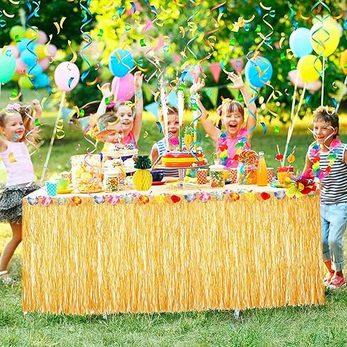 NUWIQ Jupes de Table Hawaii, Décoration de Fête Hawaii avec des Fleurs Multicolores, Or, 275 x 60cm - Nail Gallerys