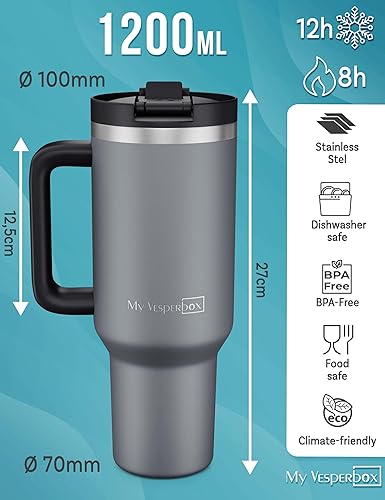 My Vesperbox Kinny Cup Gobelet isotherme, avec paille 500, 950, 1200 ml, tasse à café, à emporter, en acier inoxydable, sans BPA et mélamine - Nail Gallerys