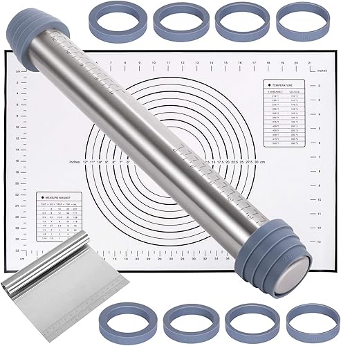 Rouleau à Pâtisserie Antidérapant en acier Inoxydable pour la Cuisson avec Tapis de Cuisson en Silicone et Grattoir, Anneaux D'épaisseur Réglables Amovibles, Accessoires de Cuisson - Nail Gallerys