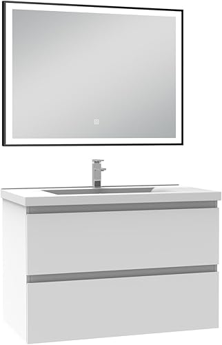 AICA Meuble Salle de Bain 100cm Anthracite Simple Vasque et Miroir Lumineux 3 Couleurs et dimmable - Nail Gallerys