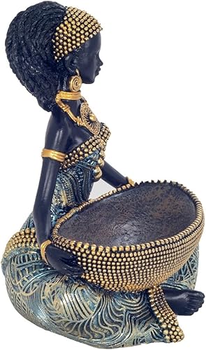 Générique Statue Décorative Africaine, Vide-Poche en Résine, Femme avec Panier, Style Oriental, 16 x 14 cm, Bleu et Or - Nail Gallerys