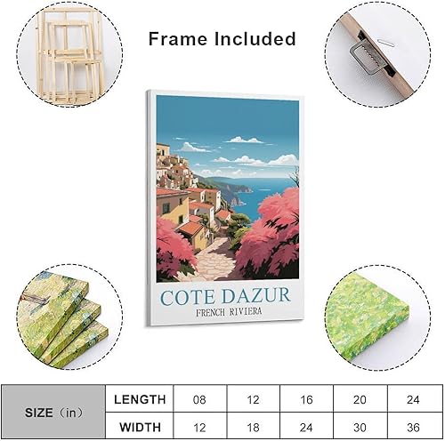 Cote d'azur - Poster vintage sur toile imprimée de voyage sur la Côte d'Azur - Pour maison, salle de bain, chambre à coucher, bureau, salon - 30 x 45 cm - Nail Gallerys
