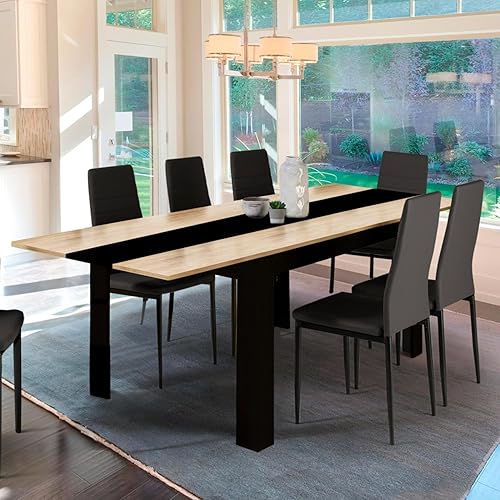 IDMarket - Table à Manger Extensible Rectangle Georgia 6-10 Personnes Noire et Imitation hêtre 140-220 x 90 cm - Nail Gallerys
