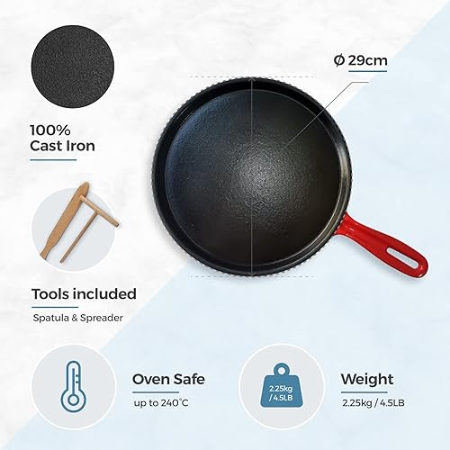 Silk Route Poêle à crêpes en fonte avec outils Rouge Ø 29 cm - Nail Gallerys