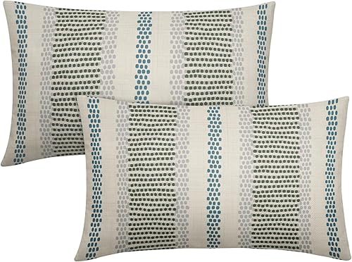 Lot de 2 housses de coussin lombaire décoratives en lin de style rustique de style rustique pour la maison, le canapé, le lit, 30,5 x 50,8 cm, bleu et gris à pois gris - Nail Gallerys