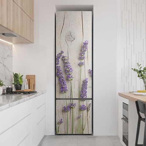 Autocollant pour Réfrigérateur 60x205 cm Auto-adhésif pour Cuisine Couvrant Entièrement Sticker Décalcomanie Protection Contre les Dégâts Décoration - Fleurs de lavande sur fond de bois - Nail Gallerys