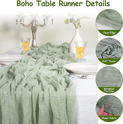 DMJJSD Lot de 2 chemins de table - 90 x 300 cm - Avec tissu à fromage - En mousseline de soie - Beige et vert - Style bohème - Rustique - Décoration de table pour mariage/anniversaire - Nail Gallerys