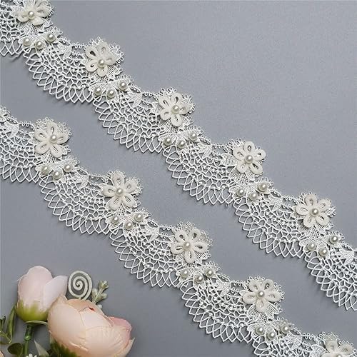 Ruban en dentelle avec fleur abricot et perles - 4,5 cm de large - Style vintage - Tissu brodé - Applique à coudre pour robes de mariée - Embellissement, cartes, chapeaux, vêtements, broderie - 1,8 m - Nail Gallerys