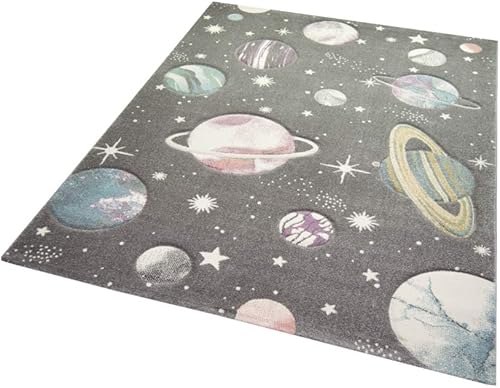 Teppich-Traum Tapis Enfant Tapis d'apprentissage de l'espace avec des étoiles et des planètes en Gris Pastel Größe 120x170 cm - Nail Gallerys