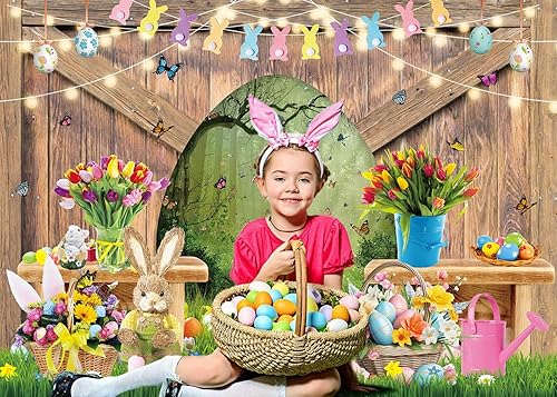 Toile de fond de printemps Pâques porte en bois Happy Easter Photographie Fond floral Lapin Lapin œufs colorés Toile de fond Printemps Décorations Bannière (210 x 150 cm) - Nail Gallerys
