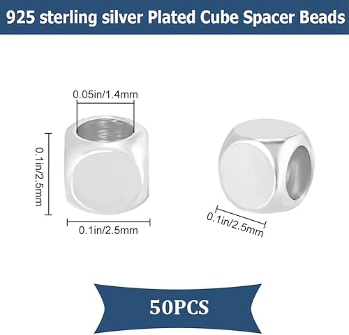 CREATCABIN 1 boîte 50 Perles Cubiques Argent Perles D'Espacement Carrées Vrac 3x3x3mm 925 Breloques Lisses Laiton Plaqué Argent Sterling pour Colliers Boucles d'oreilles Porte Clés Fabrication Bijoux - Nail Gallerys