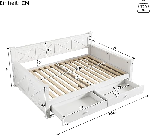 Darywell Lit plat, 90 x 200 cm, avec sommier à lattes, sans matelas, 2 tiroirs, minimaliste, en bois de pin, blanc - Nail Gallerys