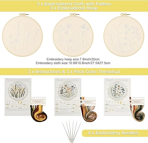 Comius Sharp Kit de Démarrage de Broderie, 3 Pcs Fils à Broder Kit, avec Patron de Couture et Description Motif Floral Plantes Kit de Point de Croix Kit d'outils de Démarrage, pour Bricolage (02) - Nail Gallerys
