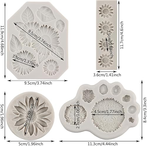 MYPRACS Lot de 4 moules en silicone en forme de tournesol pour décoration de gâteaux, bonbons, chocolat, pâte à sucre, pâte à modeler, argile polymère - Nail Gallerys
