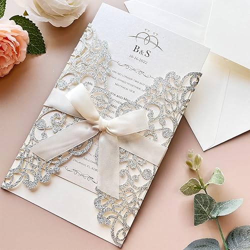 KUCHYNEE 20x cartes d'invitation de mariage découpées au laser avec bowknot et enveloppes pour fête de mariage fiançailles obtention de diplôme (paillettes argentées) - Nail Gallerys