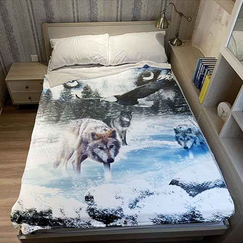 Couverture Épaisse en Flanelle Polaire - Douce et Confortable pour Canapé - Motif Loup, Aigle, Pin et Neige - 150x200cm - Nail Gallerys