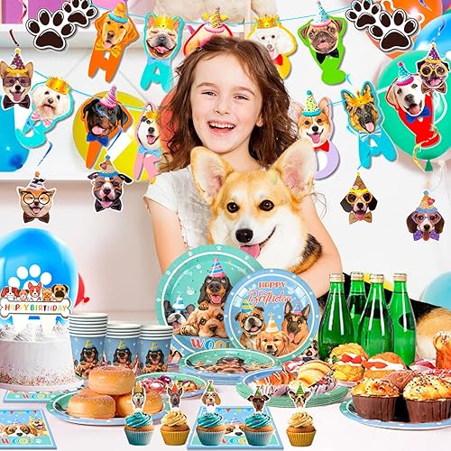 111 Pcs Fournitures de Fête d'anniversaire sur le Thème du Chien Inclure Assiettes de fête pour Chien,Tasses Serviettes Nappe Ballons Bannière ect Decoration Anniversaire Chien, pour 16 invités - Nail Gallerys
