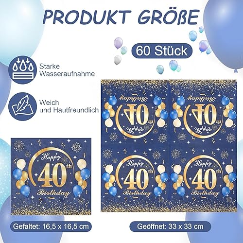 Lot de 60 serviettes en papier décoratives pour 40e anniversaire - Bleu - 33 x 33 cm - Pour homme et femme - 40 ans - Nail Gallerys