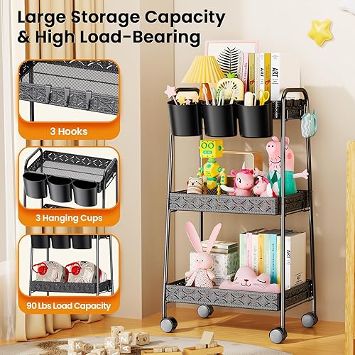 PKBD Chariot de Rangement Mobile à 3 Niveaux, Métal Desserte à roulettes avec 3 Paniers Suspendus et 3 Crochets, Chariot à roulettes, Desserte Cuisine Rangement, pour Chambre, Cuisine, Noir - Nail Gallerys