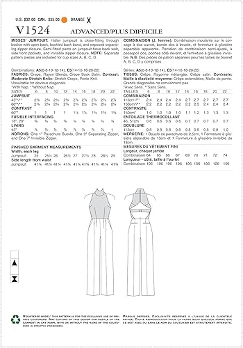 Vogue Patterns 1524 A5 Patrons Jumpsuit Patron de Couture, Multicolore, Tailles 6–14 - Nail Gallerys