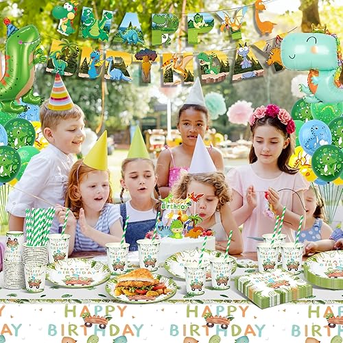 YIMAKJ Vaisselle Dinosaure pour Anniversaire - 89 Pcs avec Assiettes, Bannière, Serviettes et Décorations - Fournitures de Fête pour 16 Invités - Nail Gallerys