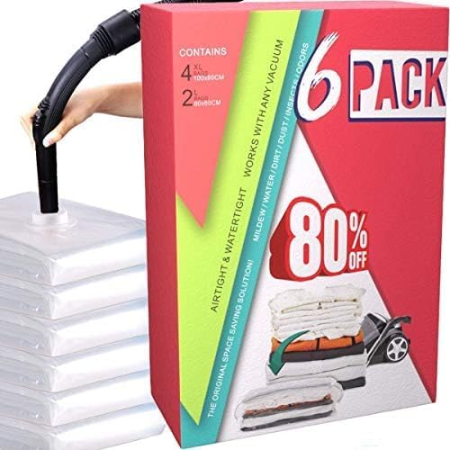 sac sous vide vetement aspirateur, 2 Sacs de 80x100cm+4 Sacs de 60x80cm Sac de Compression Voyages Réutilisables pour Matelas, Tente, Vêtements, Couettes, Literie, Oreillers - Nail Gallerys