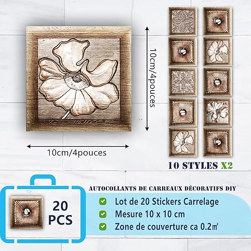 Cendray Rétro Carrelage Autocollants Salle De Bains Cuisine Carrelage Adhesif Mural Stickers DIY Étanche À l'huile PVC Auto-Adhésif Décoration Maroc Style Marron Fleurs (20,15x15cm) - Nail Gallerys