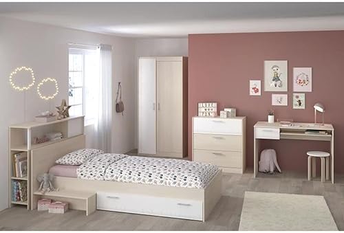 Générique CHARLEMAGNE Chambre Enfant Complete - Tete de lit + lit + Commode + Armoire + Bureau - Contemporain - Décor Acacia Clair et b… - Nail Gallerys