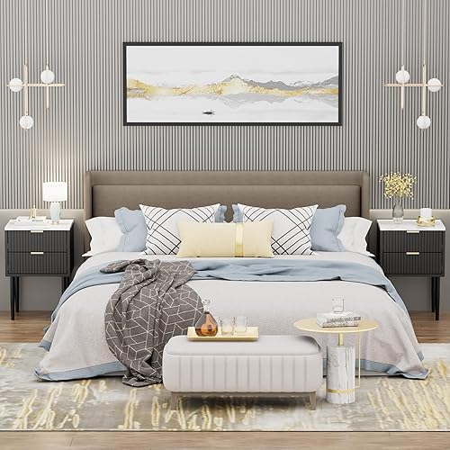 UEV Lot de 2 Tables de Chevet Plafond Marbré, Table d‘Appoint avec Pieds en Métal, 2 Tiroirs de Rangement, Style Scandinave Ligne, pour Salon, Chambre, Bureau, 42 x 40 x 68 cm, Noir - Nail Gallerys