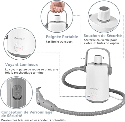 COSTWAY Nettoyeur à Vapeur à Main Portable 1000W avec Réservoir d'Eau de 300 ml, Machine de Nettoyage 10 Accessoires avec tuyau 116CM et cordon 3M, pour Vêtements Vitres Pneus (Gris + Blanc) - Nail Gallerys