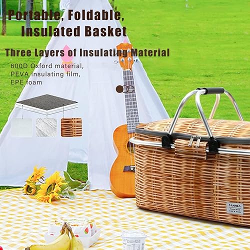 GreatRise Panier de pique-nique avec isolation - Panier en osier pliable - 25 l - Sac isotherme - Sac isotherme - Sac isotherme - Panier isotherme pliable - Sac à déjeuner pour voyage, pique-nique - Nail Gallerys