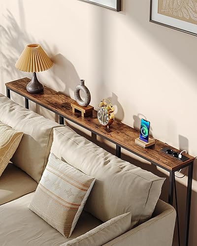 CHOEZON Table de Console de 160 cm, Table d’Entrée avec Station de Charge, Bout de Canapé étroit avec 2 Prises et 2 USB, Style Industriel, pour Salon, entrée, Marron Rustique et Noir DTXG16CBF - Nail Gallerys