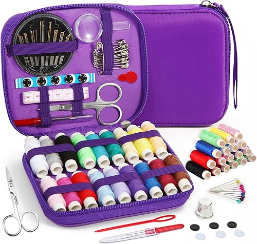 AUERVO Kit de couture 86 pièces avec fils et aiguilles pour adultes, bricolage, maison, voyage et urgence avec petit étui compact violet à fermeture éclair - Nail Gallerys