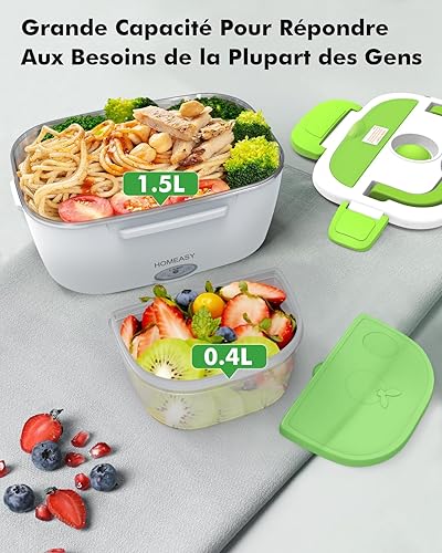 homeasy Gamelle Chauffante Rapide 80W, Lunch Box Chauffante 220V 24V 12V Boîte Repas Amovible Acier Inoxydable 1,5L avec Sac Isotherme, Hermétique pour Voiture, Camion, Bureau, Camping Vert - Nail Gallerys