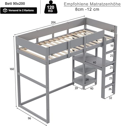 PUGSDRLY Lit Mezzanine Enfant 90x200cm,Lit Mezzanine 1 Place avec Bureau et étagères,Sommier à Lattes,Design de Clôture Haute,Cadre en Bois pour Enfant et Adolescent (Blanc) - Nail Gallerys