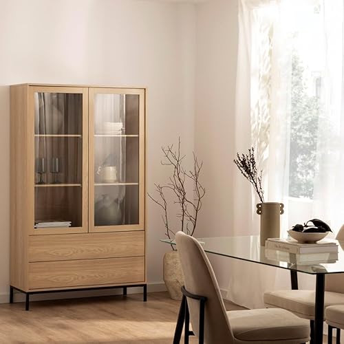 KLAST Vitrine en Bois Couleur Naturelle avec Portes Vitrées et Deux Tiroirs pour Exposer et Ranger des Objets. Dimensions : 100 Cm x 170 Cm - Nail Gallerys
